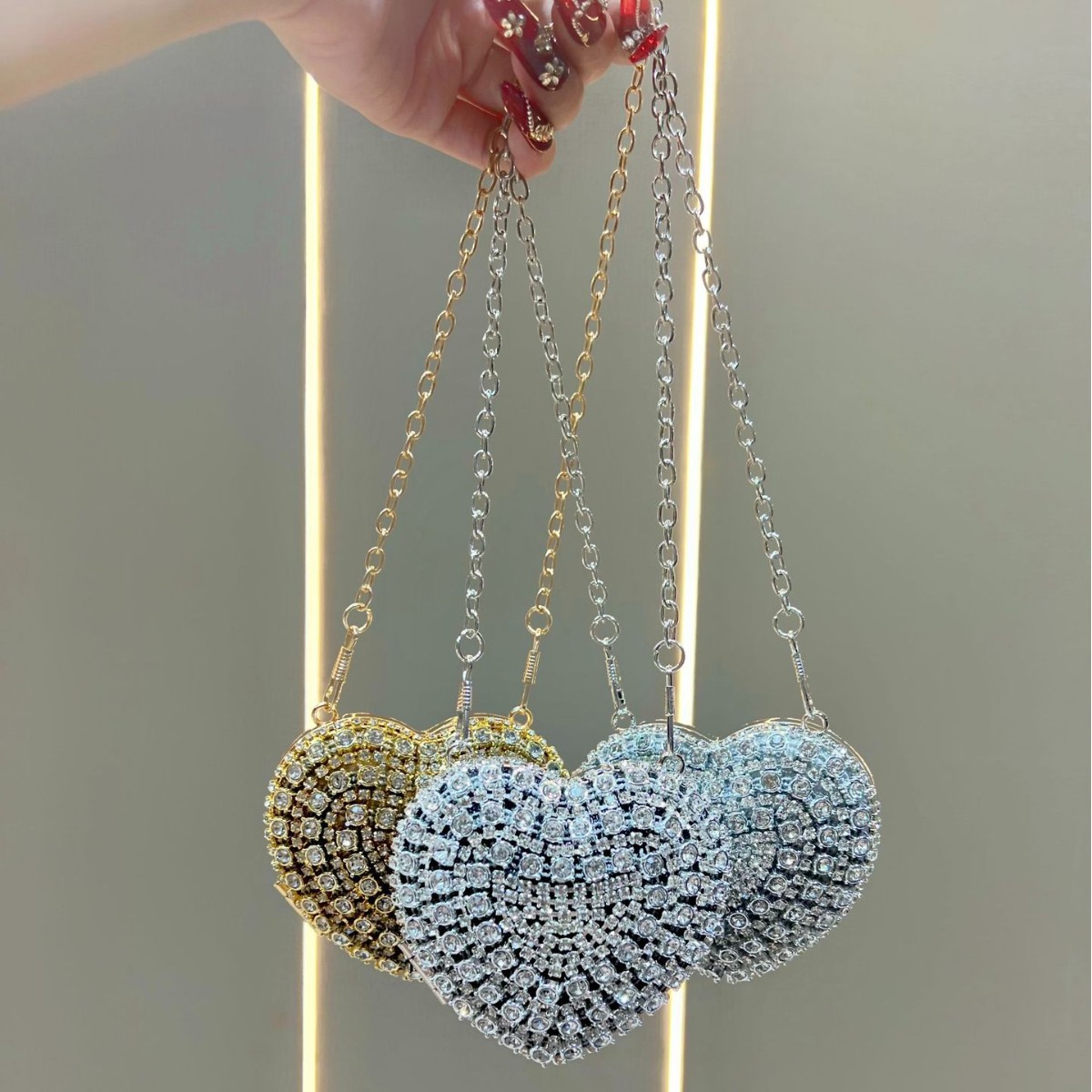 Mini Bag Evening Clutch - Lüks Kristal Taşlı El Çantası Kalp